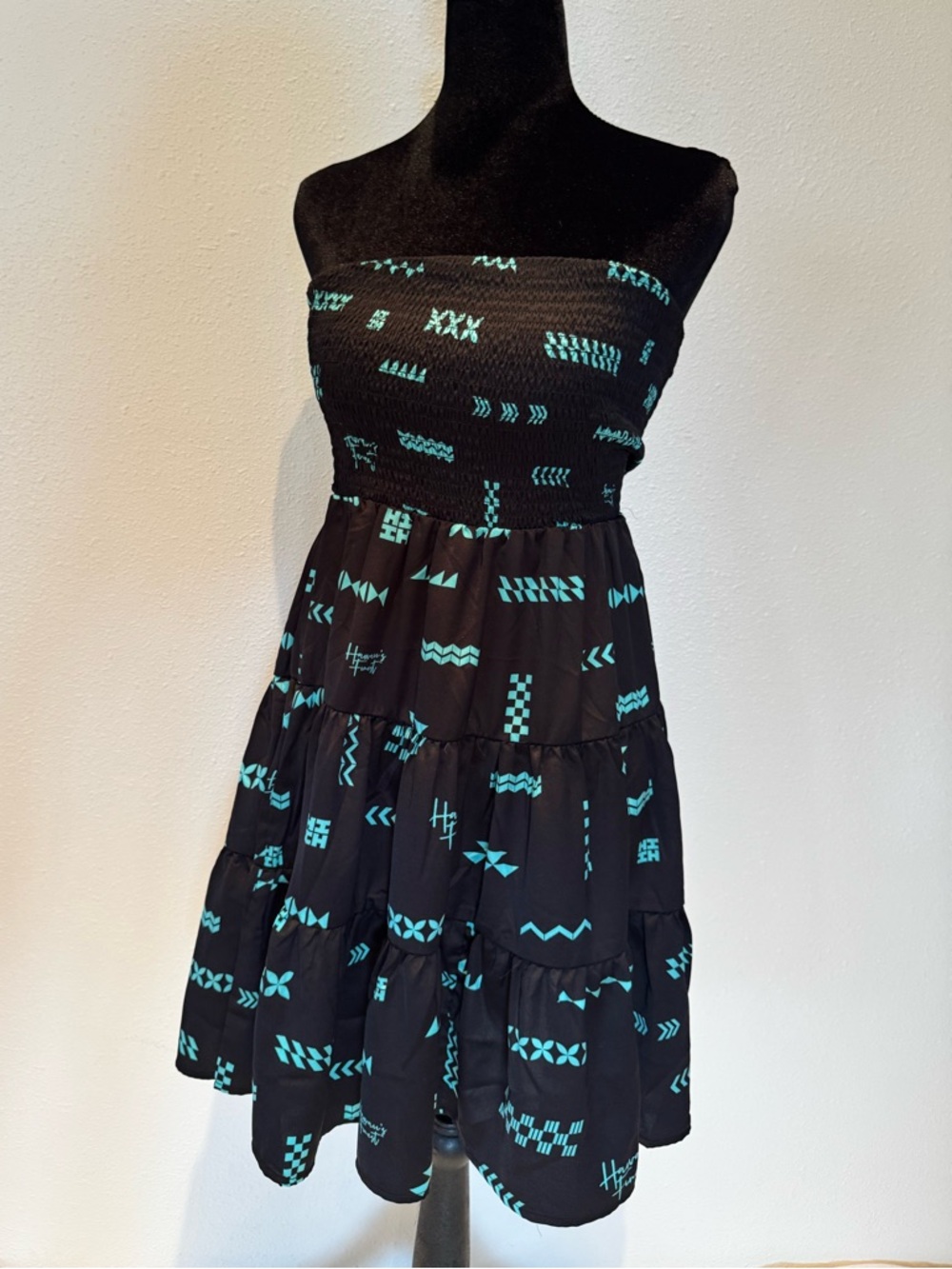 Hawaii's Finest Black Strapless Dress with Teal Geometric Print